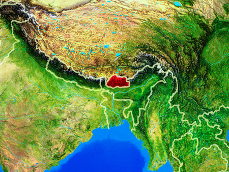 Bhutan from space on model of planet Earth with country borders and very detailed planet surface. 3D illustration.の写真素材