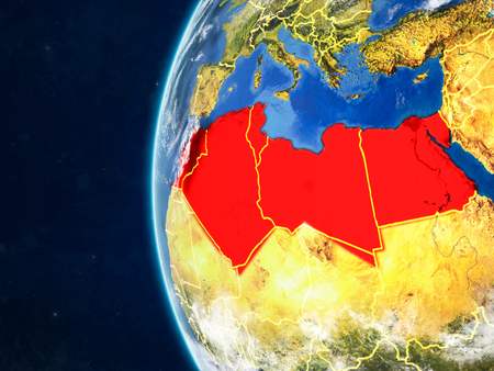 North Africa from space on model of planet Earth with country borders and very detailed planet surface and clouds. 3D illustration.の写真素材