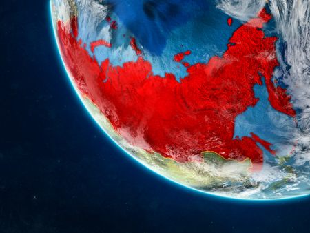 Russia on planet Earth from space with country borders. Very fine detail of planet surface and clouds. 3D illustration.の写真素材