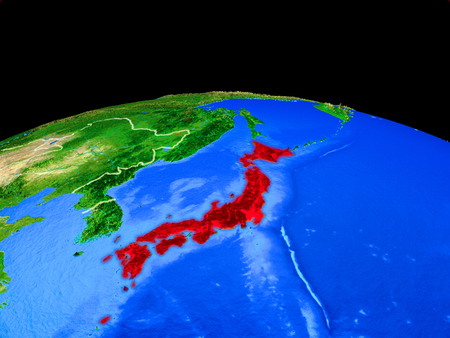 Japan on model of planet Earth with country borders and very detailed planet surface. 3D illustration.の写真素材
