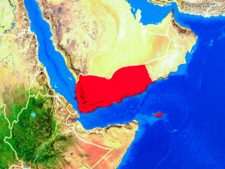 Yemen from space on model of planet Earth with country borders and very detailed planet surface. 3D illustration.の写真素材
