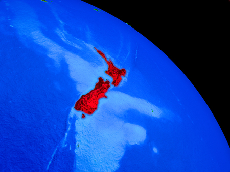 New Zealand on planet Earth from space with country borders. Very fine detail of planet surface. 3D illustration.の写真素材