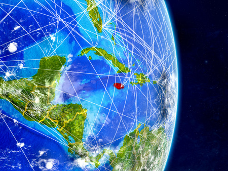 Jamaica on planet Earth with networks. Extremely detailed planet surface and clouds. 3D illustration.の写真素材