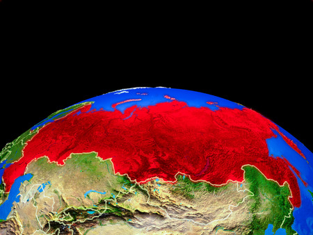 Russia on model of planet Earth with country borders and very detailed planet surface. 3D illustration.の写真素材
