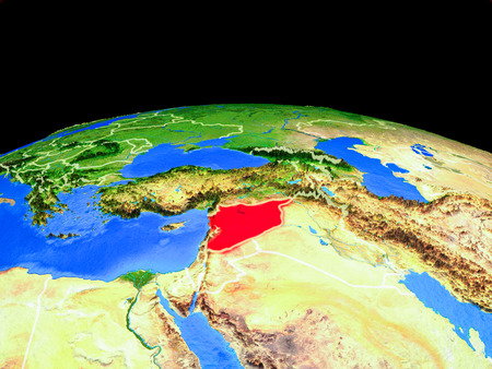 Syria on model of planet Earth with country borders and very detailed planet surface. 3D illustration.の写真素材