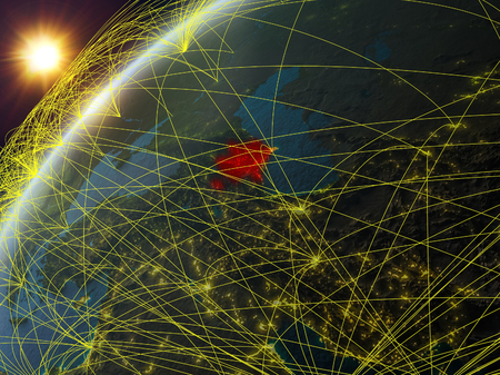 Azerbaijan on model of planet Earth with network and international networks. Concept of digital communication and technology. 3D illustration.の写真素材