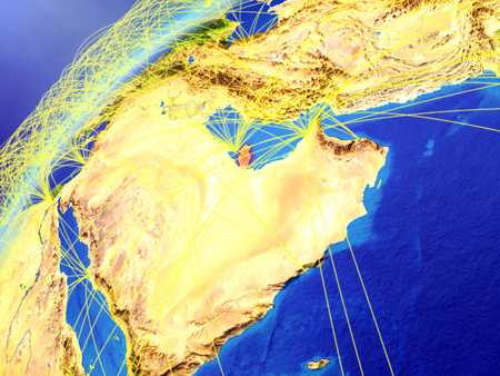Qatar on model of planet Earth with international networks. Concept of digital communication and technology. 3D illustration.の写真素材