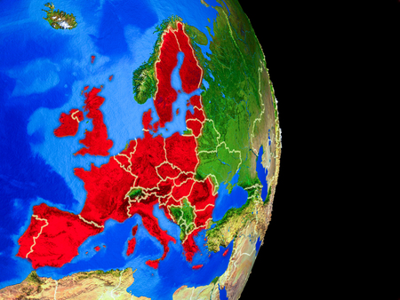 European Union on realistic model of planet Earth with country borders and very detailed planet surface. 3D illustration.の写真素材