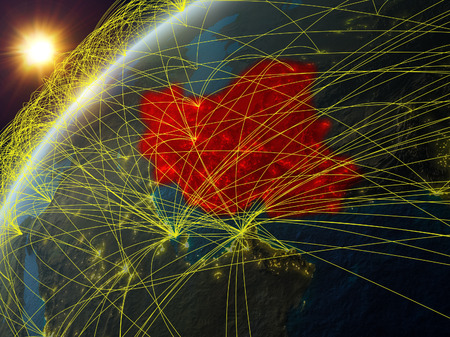 Iran on model of planet Earth with network and international networks. Concept of digital communication and technology. 3D illustration.の写真素材