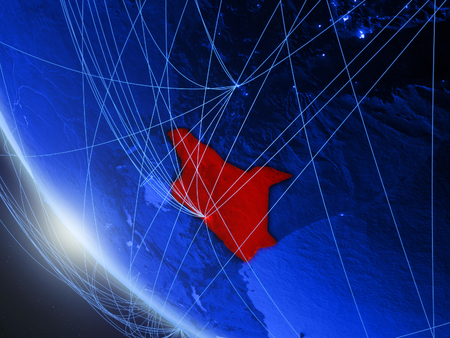 Kenya on blue digital planet Earth from space with network. Concept of international communication, technology and travel. 3D illustration.の写真素材