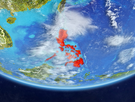 Philippines on realistic model of planet Earth with country borders and very detailed planet surface and clouds. 3D illustration.の写真素材