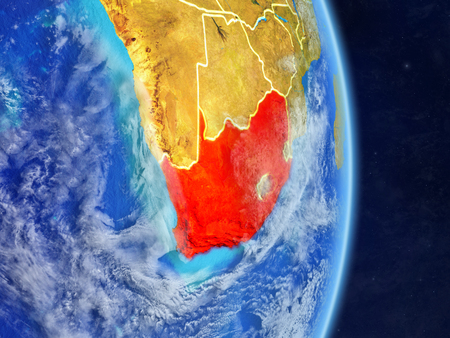 South Africa on planet planet Earth with country borders. Extremely detailed planet surface and clouds. 3D illustration.の写真素材
