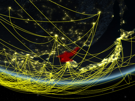 North Korea on model of planet Earth at night with network representing travel and communication. 3D illustration.の写真素材