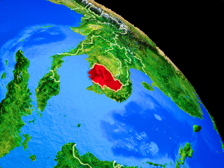 Cambodia on planet Earth from space with country borders. Very fine detail of planet surface. 3D illustration.の写真素材