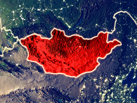 Mongolia from space on Earth at night. Very fine detail of the plastic planet surface with bright city lights. 3D illustration.の写真素材