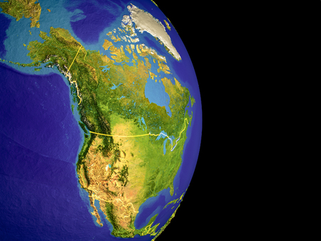 North America from space with visible country borders. Extremely fine detail of the plastic planet surface with mountains. 3D illustration.の写真素材