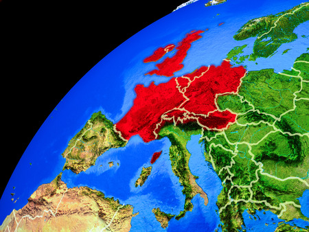 Western Europe from space. Planet Earth with country borders and extremely high detail of planet surface. 3D illustration.の写真素材