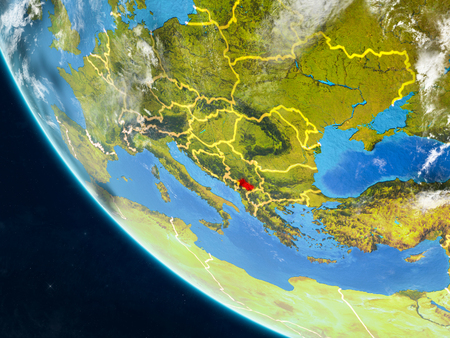 Kosovo on planet Earth from space with country borders. Very fine detail of planet surface and clouds. 3D illustration.の写真素材