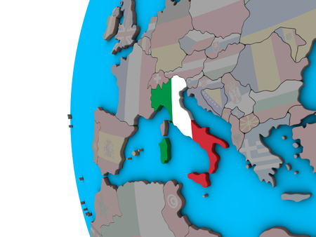 Italy with national flag on blue political 3D globe. 3D illustration.の写真素材