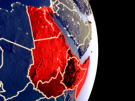 Satellite view of Northeast Africa at night with visible bright city lights. Extremely fine detail of the plastic planet surface. 3D illustration.の写真素材