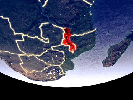 Satellite view of Malawi from space at night. Beautifully detailed plastic planet surface with visible city lights. 3D illustration.の写真素材