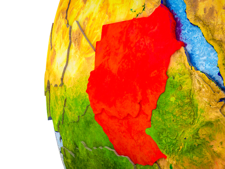 Former Sudan highlighted on 3D Earth with visible countries and watery oceans. 3D illustration.の写真素材