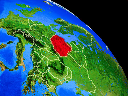 Poland on planet Earth from space with country borders. Very fine detail of planet surface. 3D illustration.の写真素材