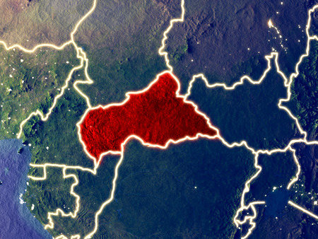 Central Africa from space on Earth at night. Very fine detail of the plastic planet surface with bright city lights. 3D illustration.の写真素材