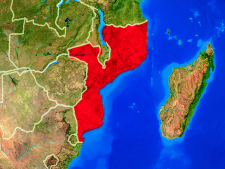 Mozambique from space on model of planet Earth with country borders and very detailed planet surface. 3D illustration.の写真素材