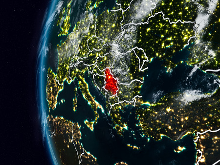 Serbia at night with visible country borders. 3D illustration.の写真素材