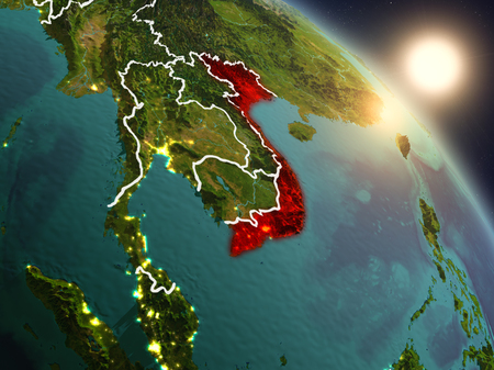 Sunset above Vietnam from space on planet Earth with visible country borders. 3D illustration.の写真素材