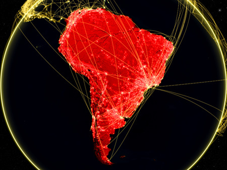 South America on dark Earth in space with networks representing air traffic or telecommunications. 3D illustration.の写真素材