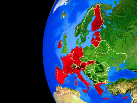 Eurozone member states from space on realistic model of planet Earth with country borders and detailed planet surface. 3D illustration.の写真素材