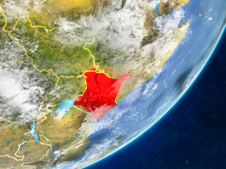 Kenya on model of planet Earth with country borders and very detailed planet surface and clouds. 3D illustration.の写真素材
