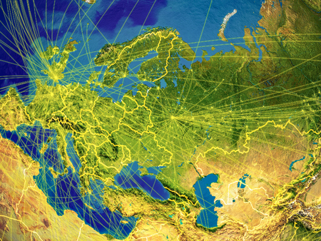 Eastern Europe from space on Earth with country borders and lines representing international communication, travel, connections. 3D illustration.の写真素材