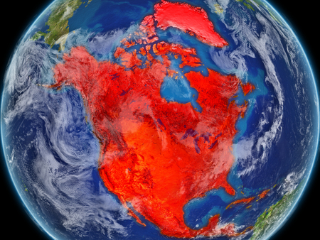 North America on realistic model of planet Earth with very detailed planet surface and clouds. Continent highlighted in red colour. 3D illustration.の写真素材