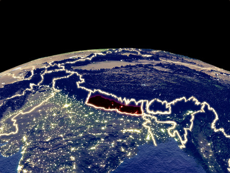 Nepal from space on planet Earth at night with bright city lights. Detailed plastic planet surface with real mountains. 3D illustration.の写真素材