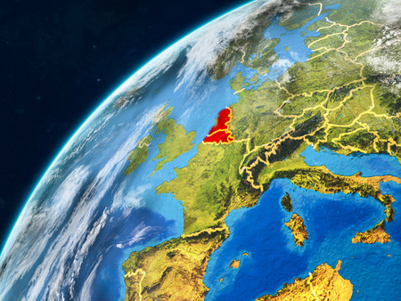 Benelux Union on realistic model of planet Earth with country borders and very detailed planet surface and clouds. 3D illustration.の写真素材