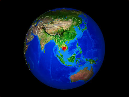 Cambodia on planet planet Earth with country borders. Extremely detailed planet surface. 3D illustration.の写真素材