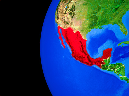 Mexico from space on realistic model of planet Earth with country borders and detailed planet surface. 3D illustration.の写真素材