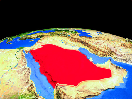 Saudi Arabia on model of planet Earth with country borders and very detailed planet surface. 3D illustration.の写真素材