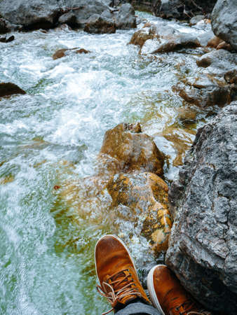 struggling against the river stream of Plitvice Lakes National Park, Croatiaの写真素材