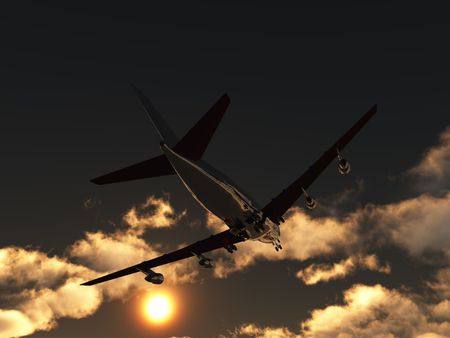 A plane flying high  in a cloudy sky.