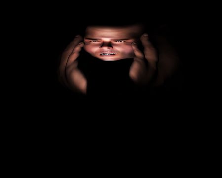 A image of a man in terrible expressive pain, possible having a migraine. 