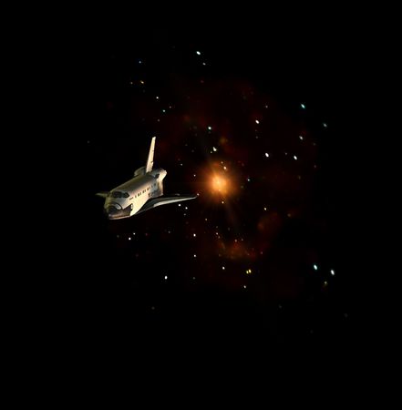 A conceptual image of spacecraft flying away from a sun in space..の写真素材