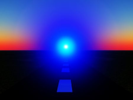 An image of a road with the sun at the end of it.の写真素材