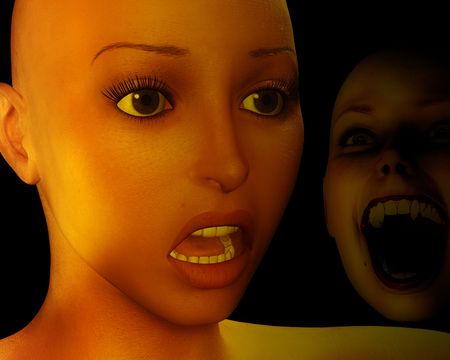 An image of a women in a state of fear as their is a monster behind her.の写真素材