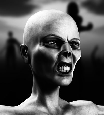 A image of a angry zombie head with some blurred out zombies in the background.の写真素材