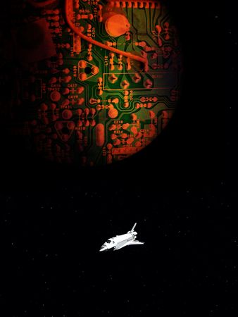 A conceptual image of spacecraft flying next to a computer world.