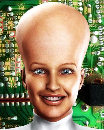 An conceptual image of a cyborg women who is very clever, we can tell this by the big head with an...